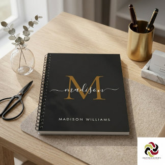Elegant Monogram Black Gold Script Kantoor School Notitieboek