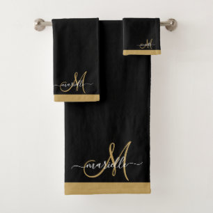 Elegant Monogram Black Gold Script Name Bad Handdoek