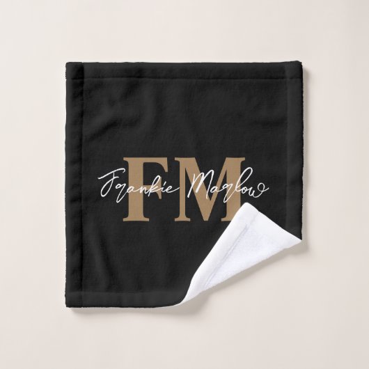 Elegant Monogram Black Gold Script Name Bad Handdoek (Wasdoekje)