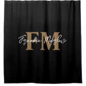 Elegant Monogram Black Gold Script Name Chic Douchegordijn (Voorkant)