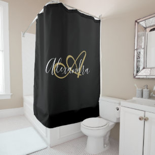 Elegant Monogram Black Gold Script Name Douchegordijn
