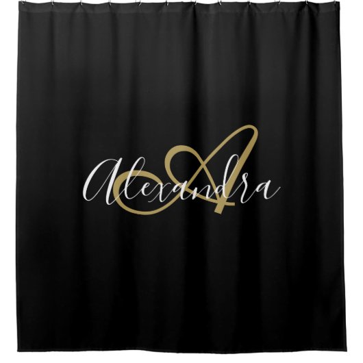 Elegant Monogram Black Gold Script Name Douchegordijn (Voorkant)