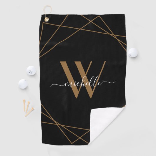 Elegant Monogram Black Gold Script Name Golfhanddoek (Insitu)