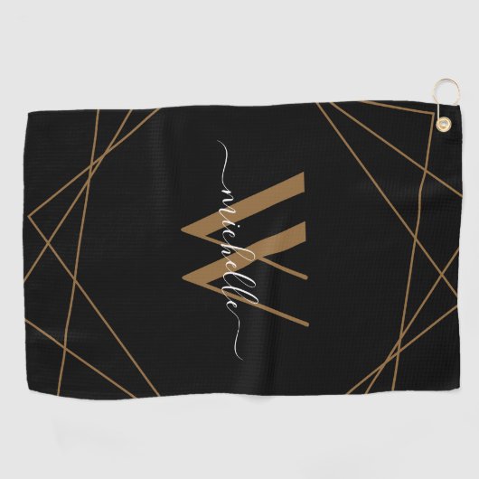 Elegant Monogram Black Gold Script Name Golfhanddoek (Horizontaal)