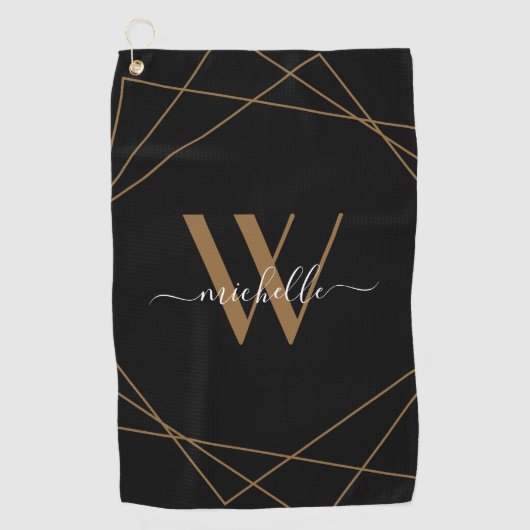 Elegant Monogram Black Gold Script Name Golfhanddoek (Voorkant)