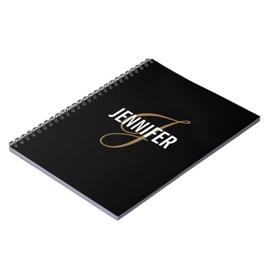 Elegant Monogram Black Gold Script Name Notitieboe Notitieboek (Linkerzijde)