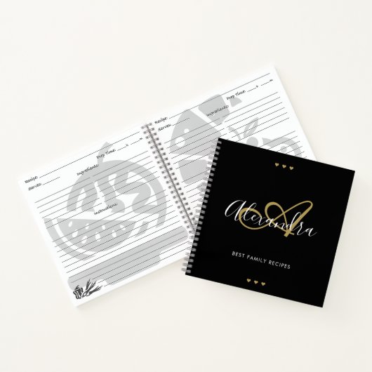 Elegant Monogram Black Gold Script Name Recipe Notitieboek (Binnen)