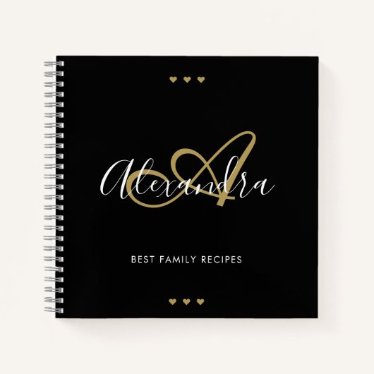 Elegant Monogram Black Gold Script Name Recipe Notitieboek (Voorkant)