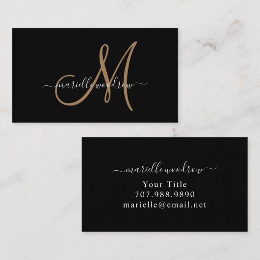 Elegant Monogram Black Gold Script Name Visitekaartje (Voorkant / Achterkant)