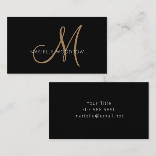 Elegant Monogram Black Gold Script Name Visitekaartje (Voorkant / Achterkant)