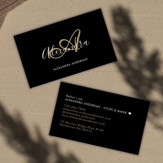 Elegant Monogram Black Gold Script Name Visitekaartje