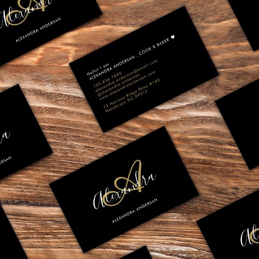 Elegant Monogram Black Gold Script Name Visitekaartje