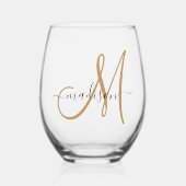 Elegant Monogram Black Gold Script Name Wijnglas Zonder Voet (Voorkant)