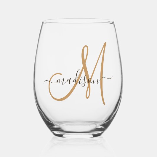 Elegant Monogram Black Gold Script Name Wijnglas Zonder Voet (Voorkant)