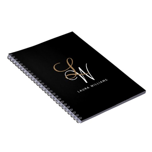 Elegant Monogram Black Gold Script Notitieboek (Rechterzijde)