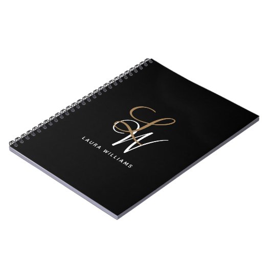 Elegant Monogram Black Gold Script Notitieboek (Linkerzijde)