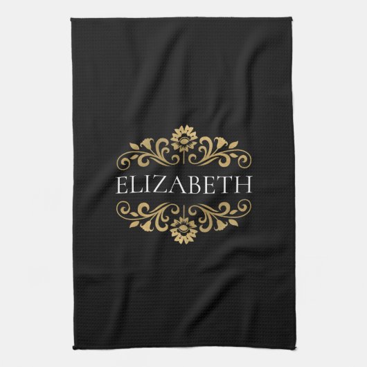 Elegant Monogram Black Gold Theedoek (Verticaal)