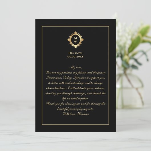 Elegant Monogram Black Gold Wedding Vow Card Kaart (Staand voorkant)
