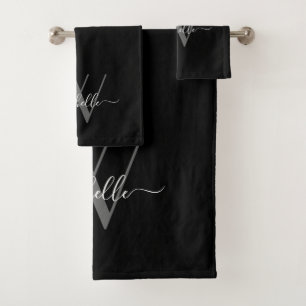 Elegant Monogram Black Grey Name Script Bad Handdoek