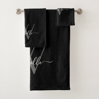 Elegant Monogram Black Grey Name Script Bad Handdoek