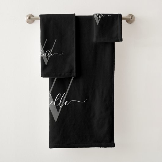 Elegant Monogram Black Grey Name Script Bad Handdoek (Insitu)