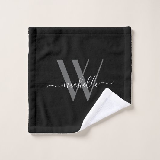 Elegant Monogram Black Grey Name Script Bad Handdoek (Wasdoekje)