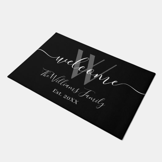 Elegant Monogram Black Grey Name Script Weddenscha Deurmat (Schuin)