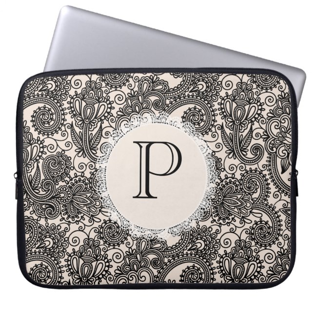 Elegant Monogram Black Lace Designer Laptop Bag Laptop Sleeve (Voorkant)