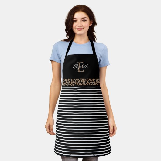 Elegant Monogram black Leopard Animal Print Apron Schort (Gedragen)