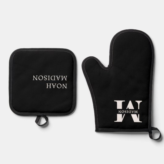 Elegant Monogram Black Ovenwant & Pannenlap Set (Voorkant)
