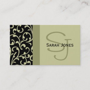 Elegant Monogram Black Sage Damask Visitekaartje