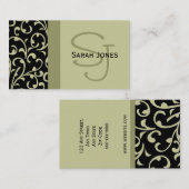 Elegant Monogram Black Sage Damask Visitekaartje (Voorkant / Achterkant)