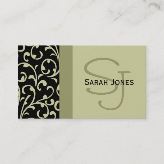 Elegant Monogram Black Sage Damask Visitekaartje (Voorkant)