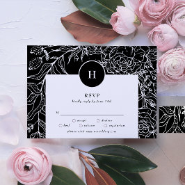Elegant Monogram Black Tuxedo Wreath Wedding RSVP Kaartje