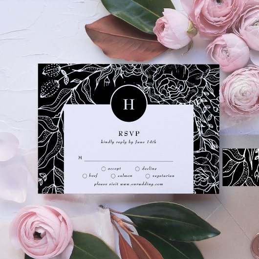 Elegant Monogram Black Tuxedo Wreath Wedding RSVP Kaartje