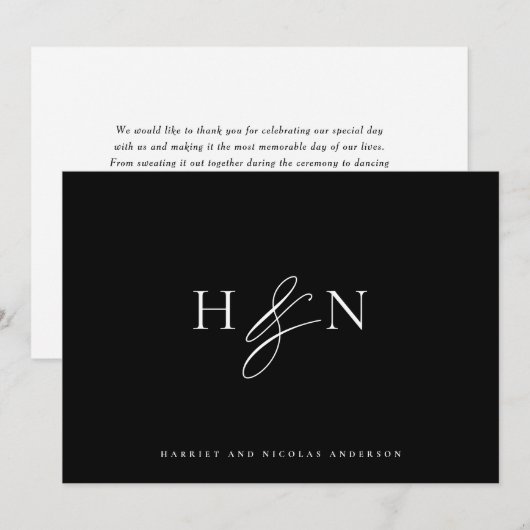 Elegant Monogram Black Wedding Bedankkaart (Voorkant / Achterkant)