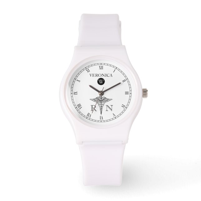 Elegant Monogram Black|White Face Nurse Watch Horloge (Voorkant)