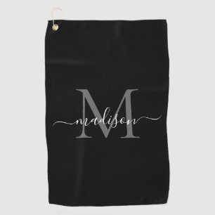 Elegant Monogram Black White Girly Script Name Golfhanddoek