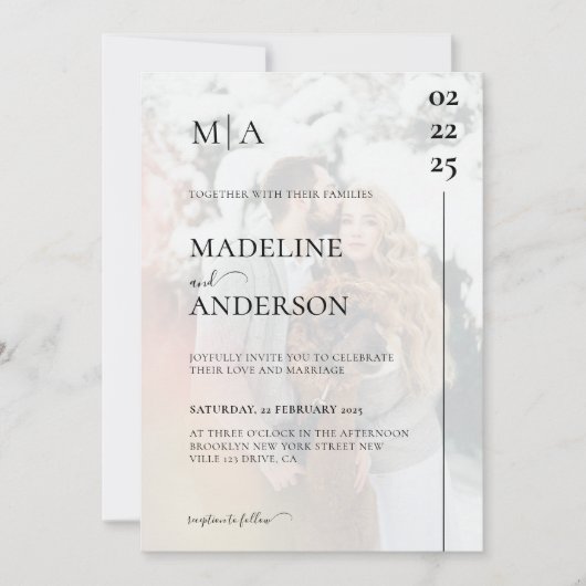 Elegant Monogram Black White Overlay Foto bruiloft Kaart (Voorkant)