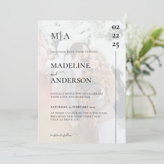 Elegant Monogram Black White Overlay Foto bruiloft Kaart (Staand voorkant)