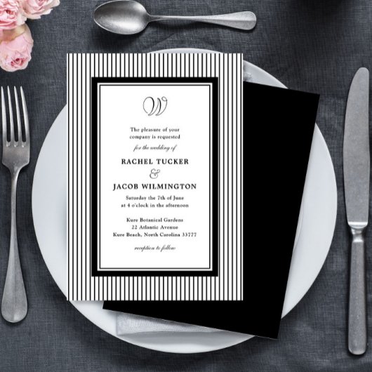 Elegant Monogram Black & White Striped Wedding Kaart