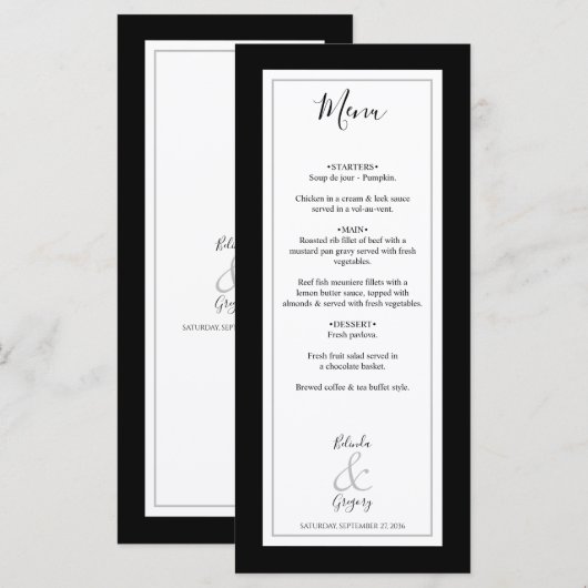 Elegant Monogram Black & White Wedding Menu (Voorkant / Achterkant)