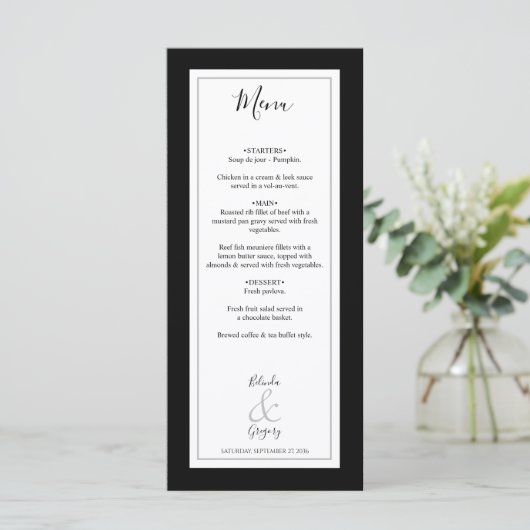Elegant Monogram Black & White Wedding Menu (Staand voorkant)