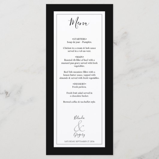 Elegant Monogram Black & White Wedding Menu (Voorkant)