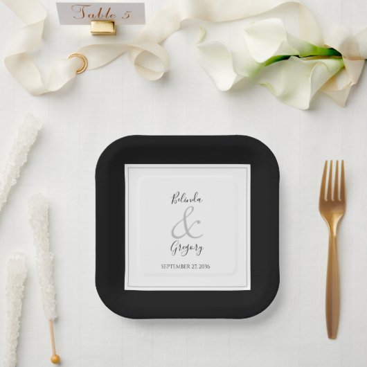 Elegant Monogram Black & White Wedding Papieren Bordje (Huwelijk)