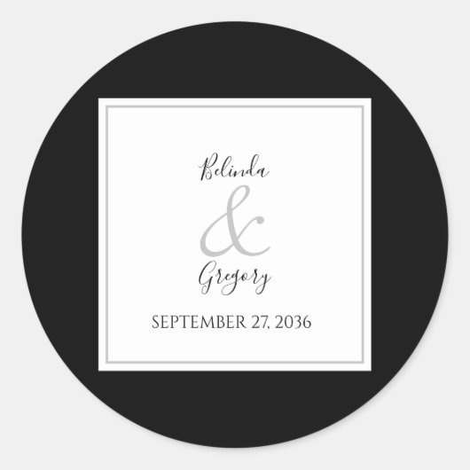 Elegant Monogram Black & White Wedding Ronde Sticker (Voorkant)