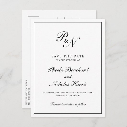 Elegant Monogram Black White Wedding Save the Date Aankondigingskaart (Voorkant / Achterkant)