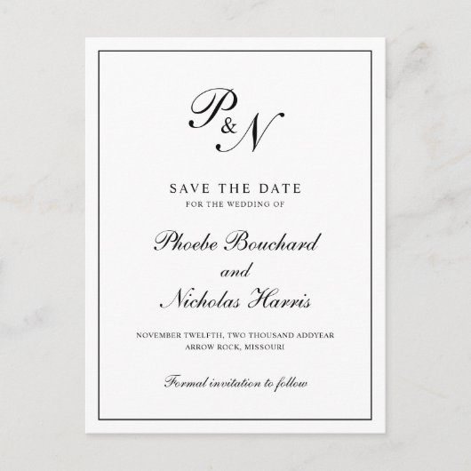 Elegant Monogram Black White Wedding Save the Date Aankondigingskaart (Voorkant)