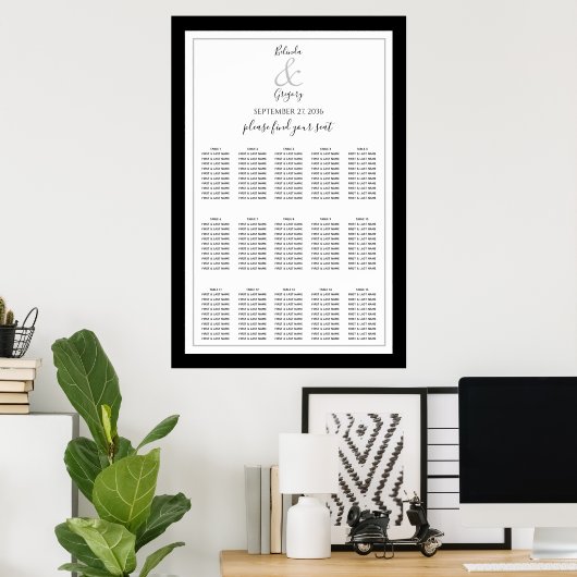 Elegant Monogram Black White Wedding Seding Chart Poster (Thuiskantoor)