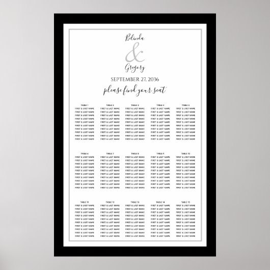 Elegant Monogram Black White Wedding Seding Chart Poster (Voorkant)